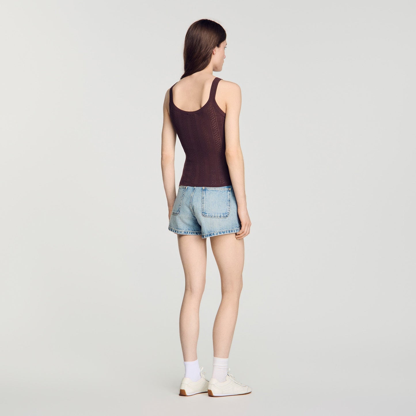 Aloe Pointelle knit vest top with bow Brown