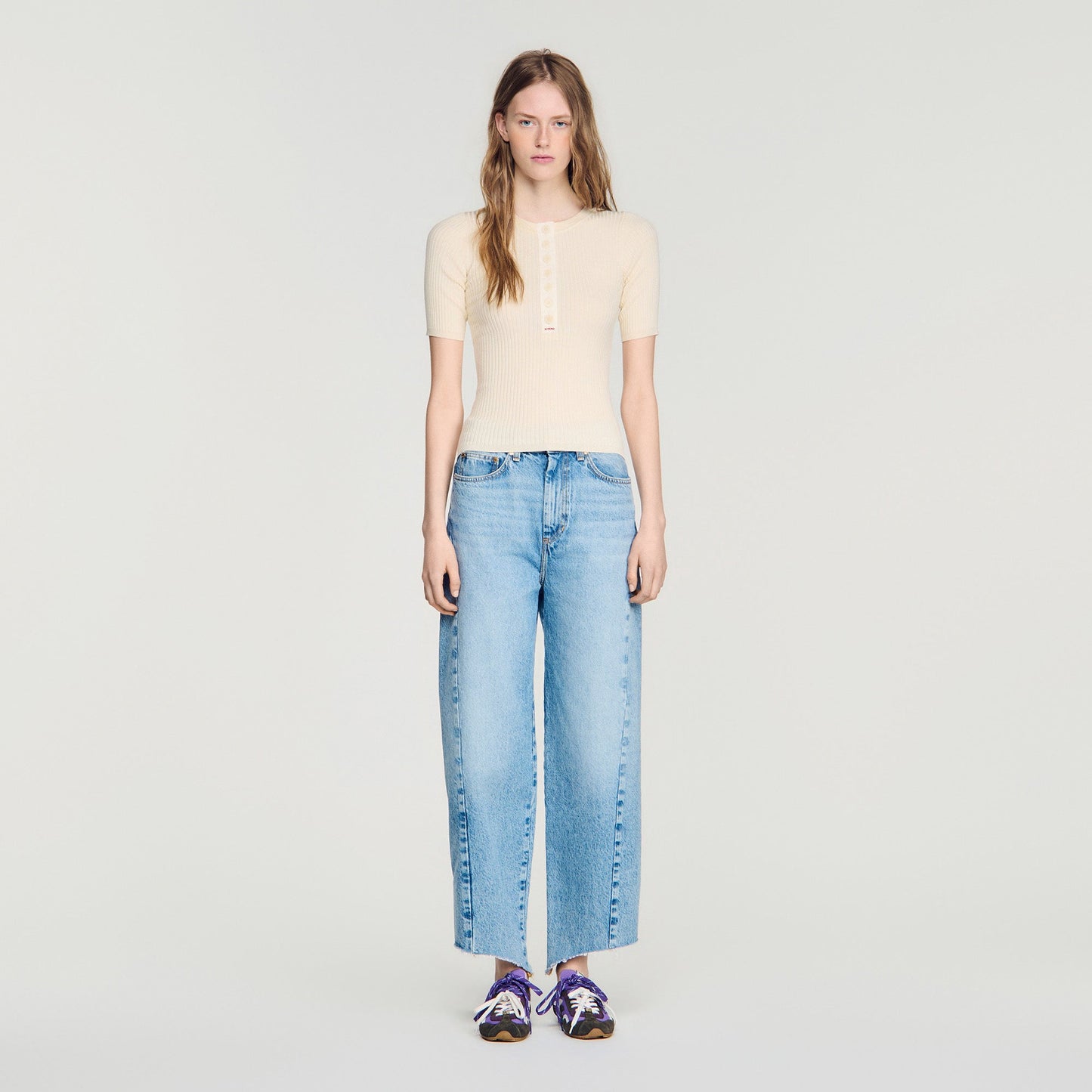 Calypsea Jumper With Ribbed Button Placket Ecru