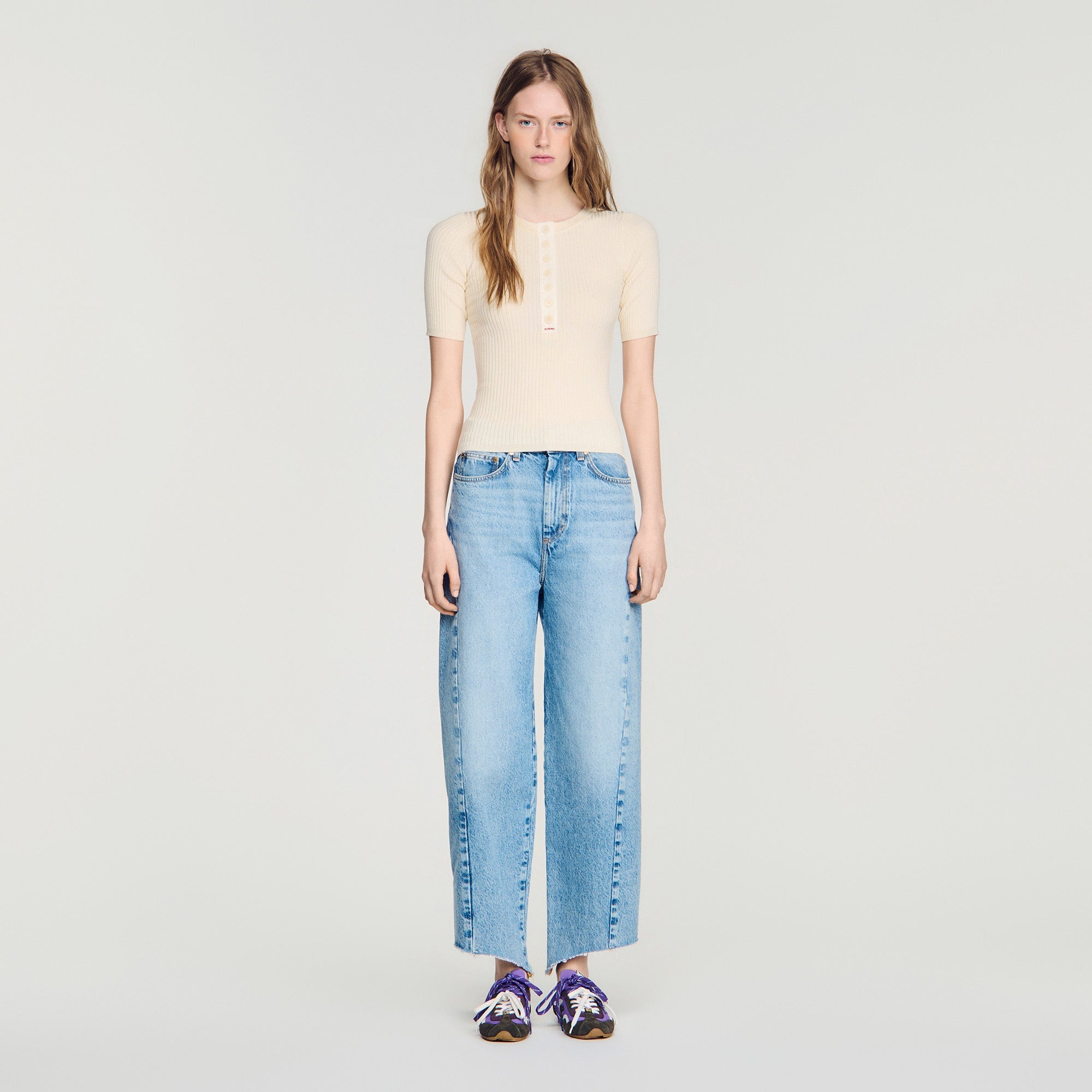 Calypsea Jumper With Ribbed Button Placket Ecru
