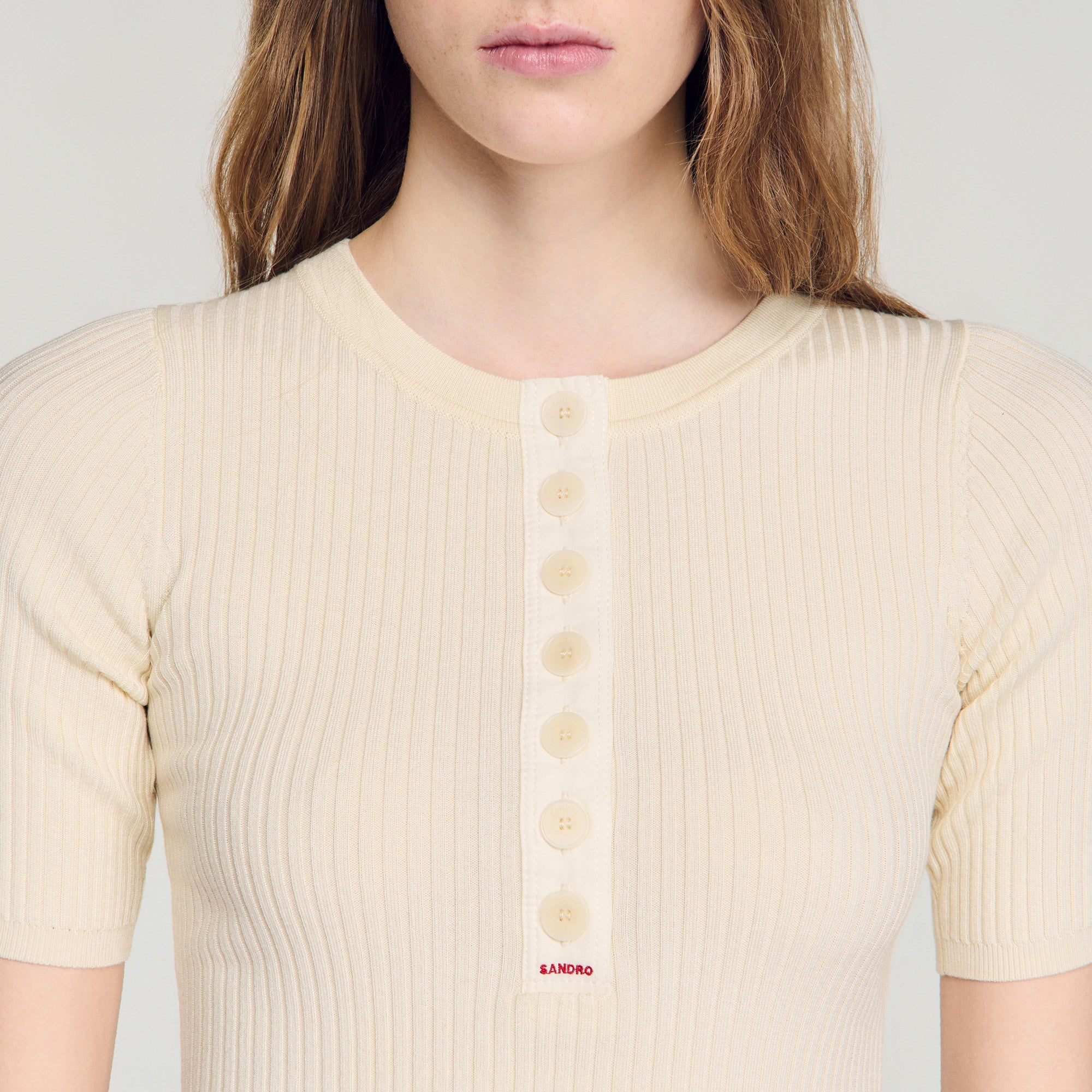 Calypsea Jumper With Ribbed Button Placket Ecru