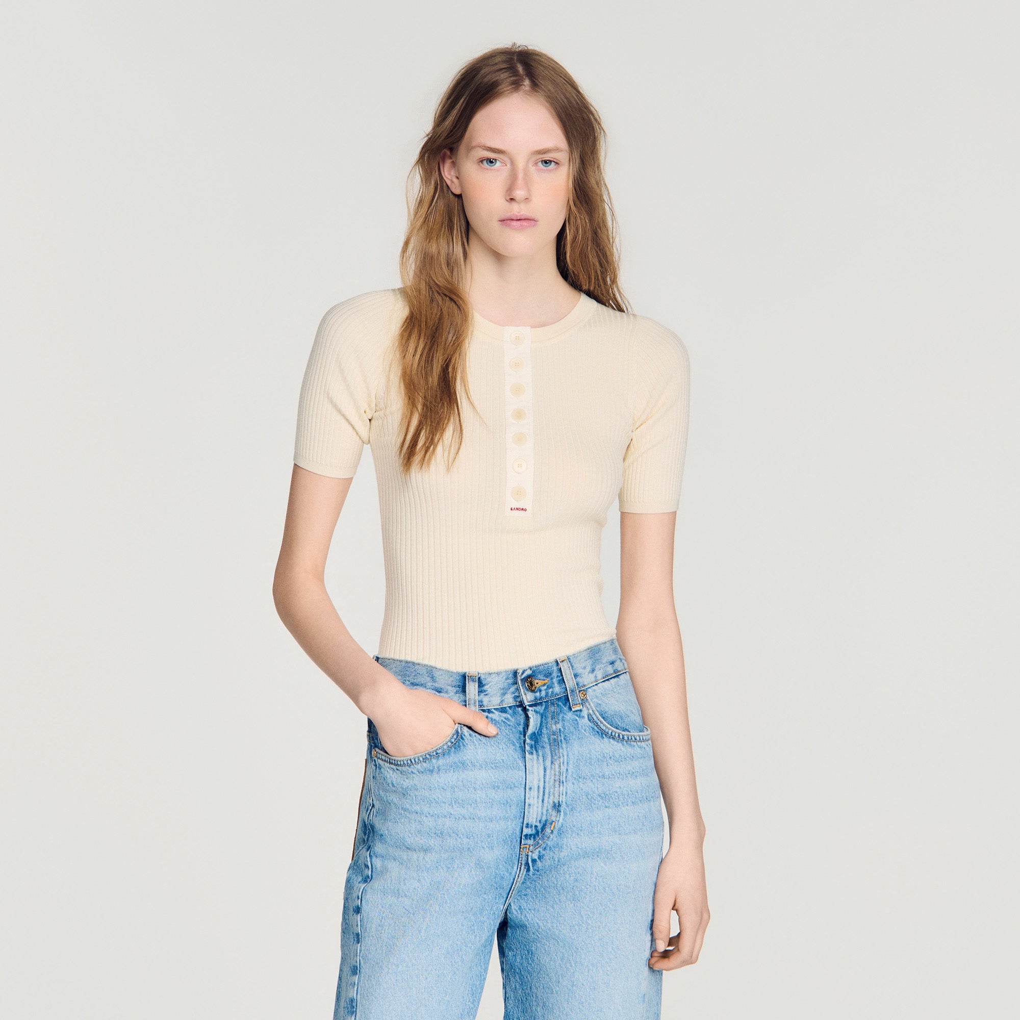 Calypsea Jumper With Ribbed Button Placket Ecru