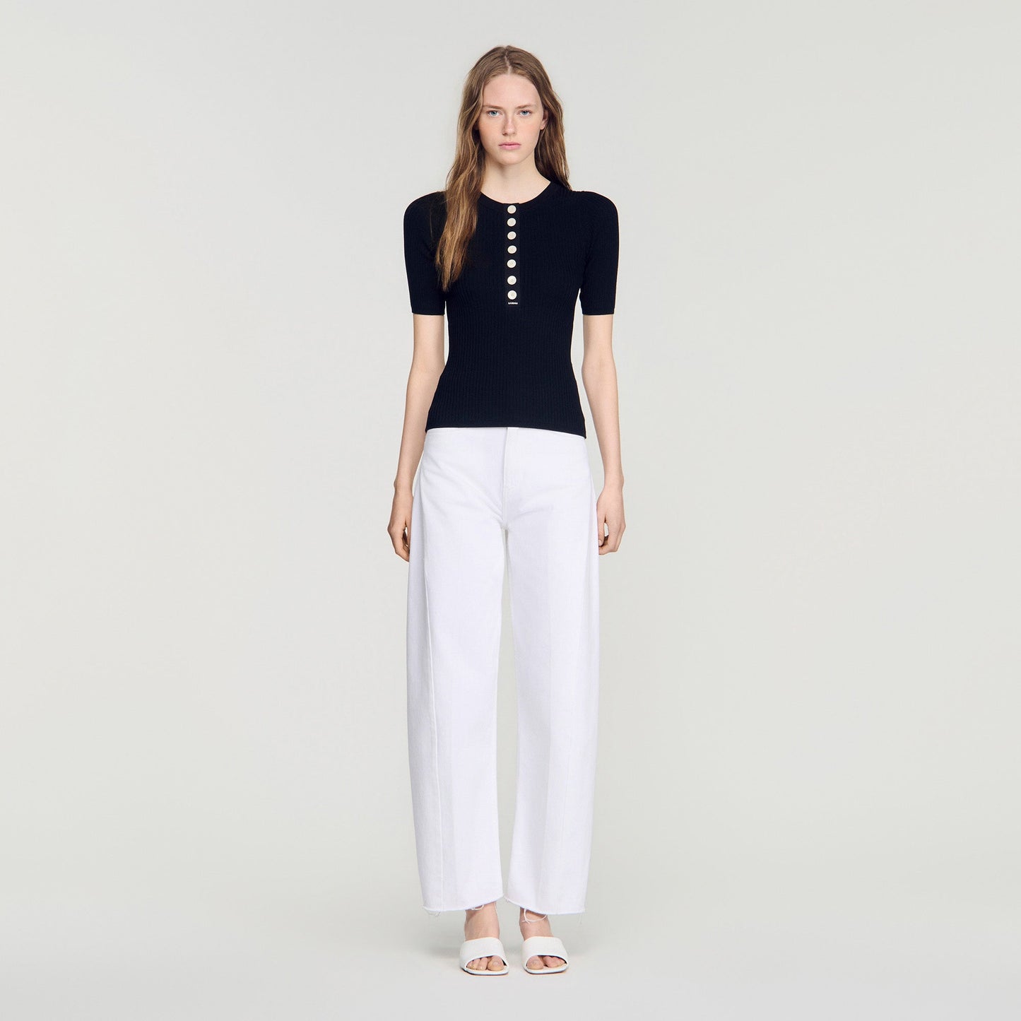 Calypsea Jumper With Ribbed Button Placket Black