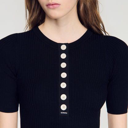 Calypsea Jumper With Ribbed Button Placket Black