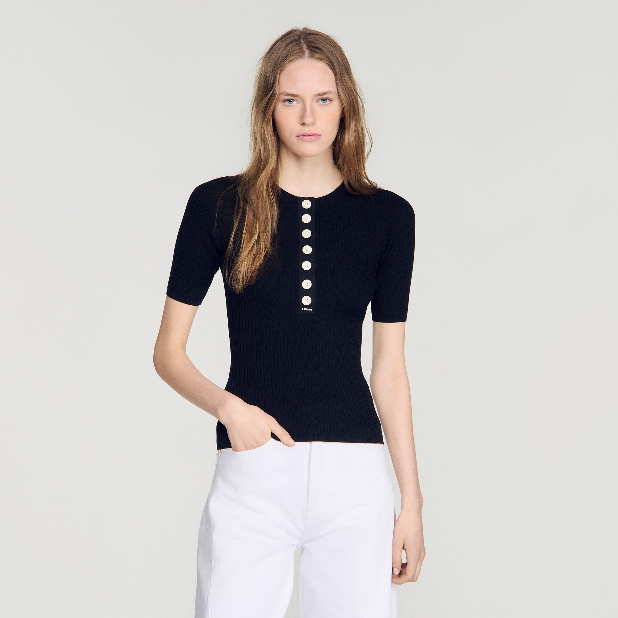 Calypsea Jumper With Ribbed Button Placket Black