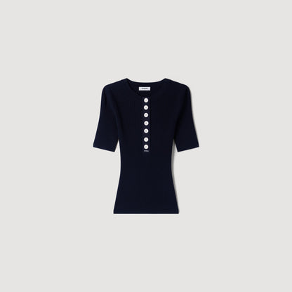 Calypsea Jumper With Ribbed Button Placket Black