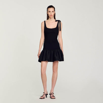 Dual-Material Short Dress Black