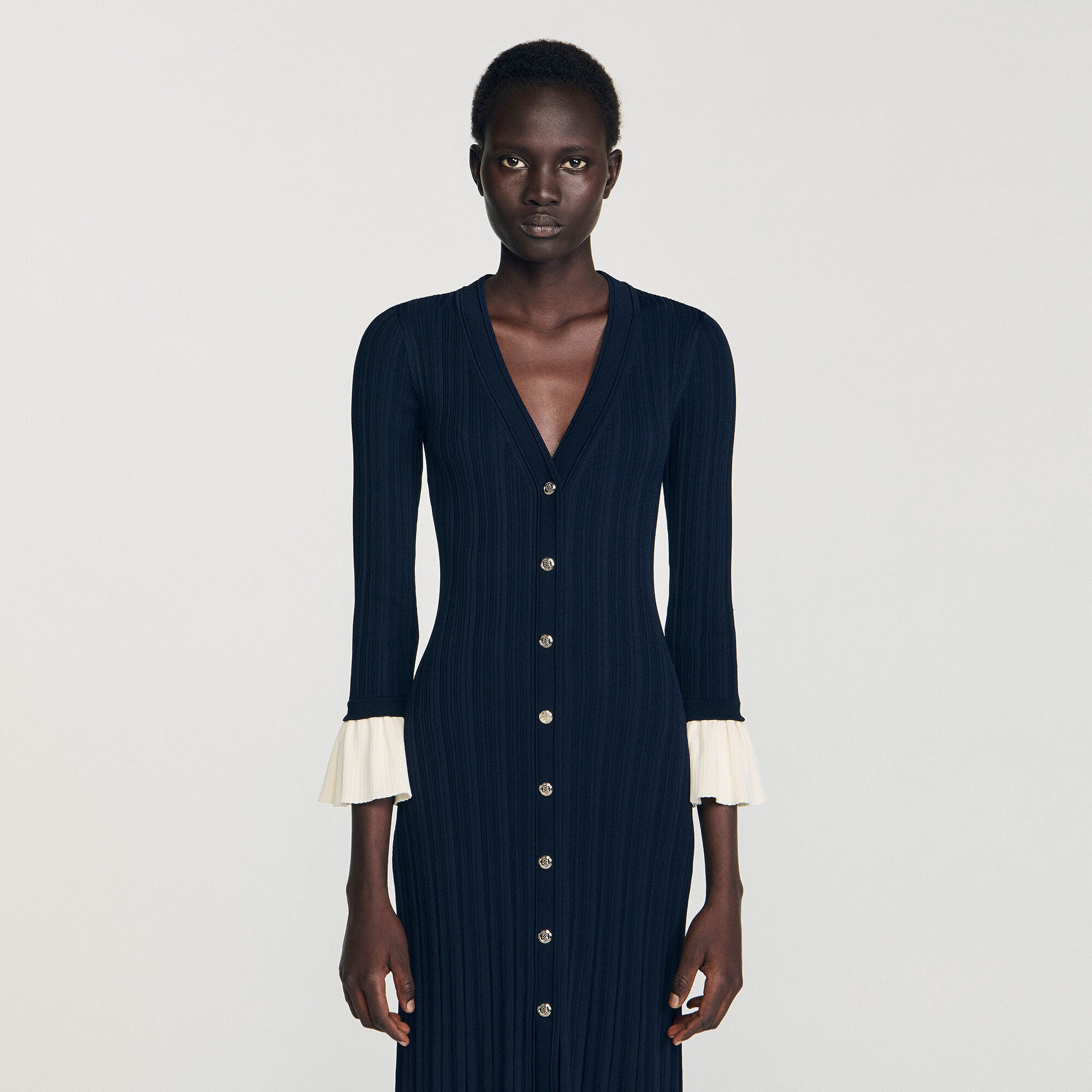 sandro knit dress Nara Two-Tone Knit Maxi Dress Navy Blue