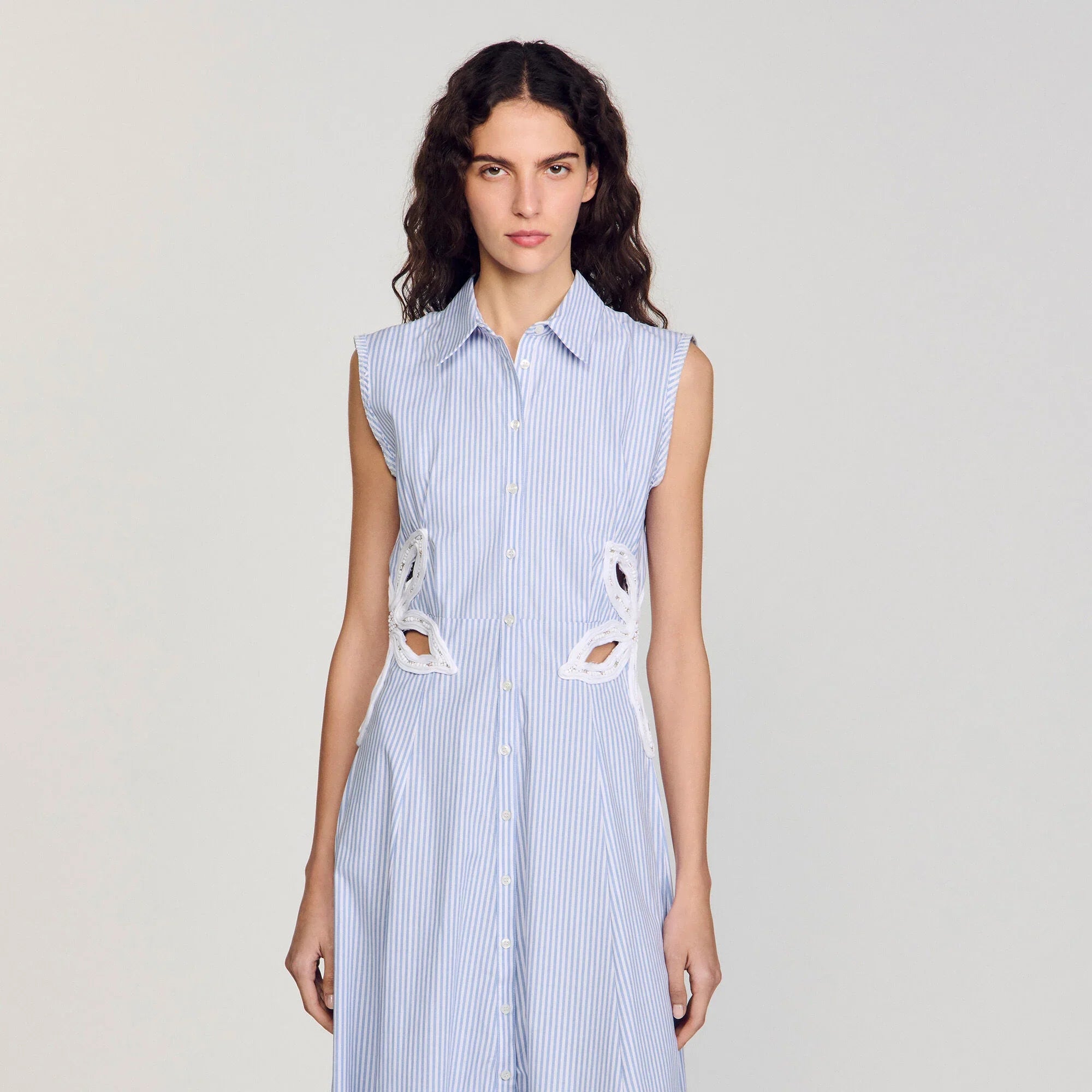 Amarante Stripy Embroidered Maxi Dress Sky Blue