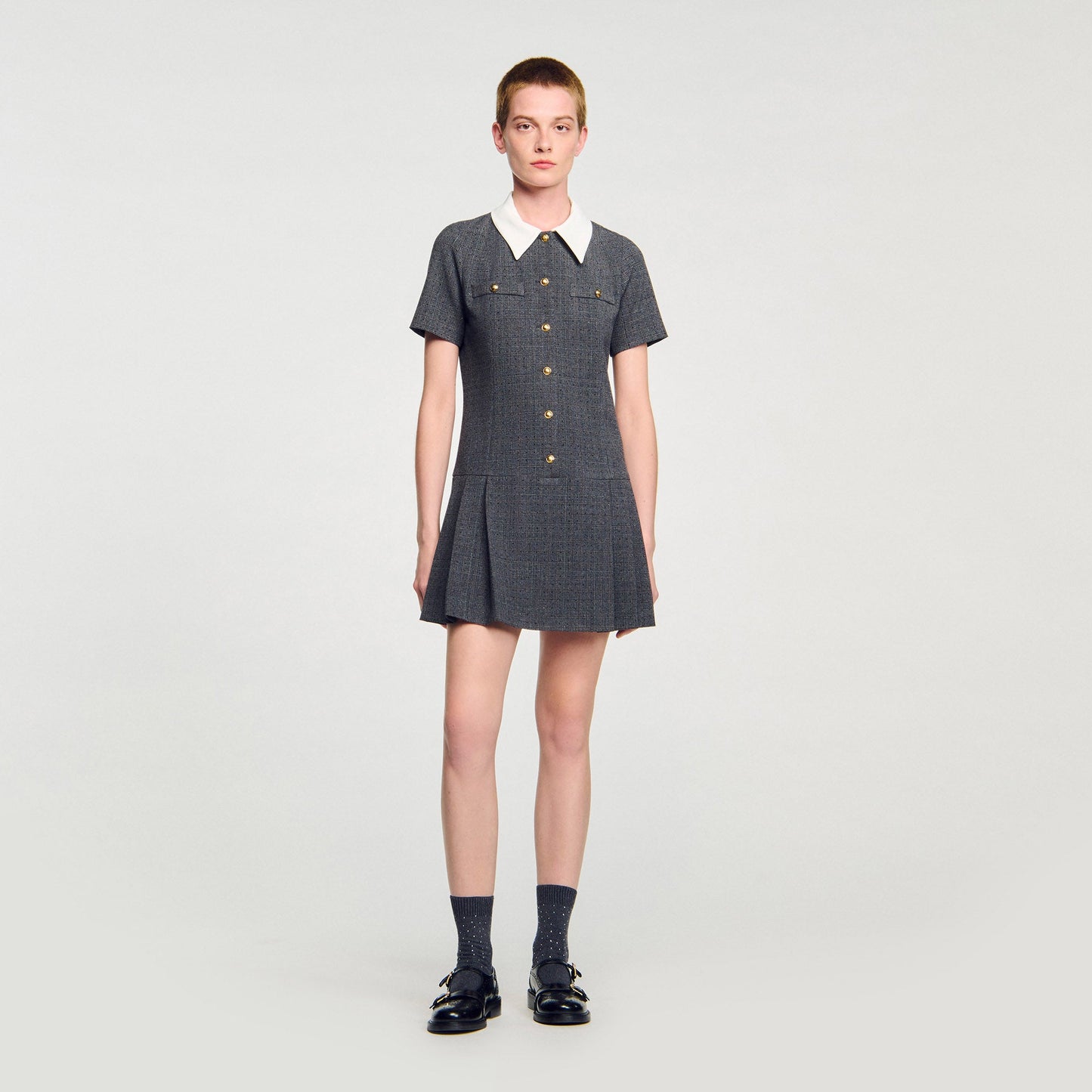 Lenora Short Pleated Dress With Rhinestones Grey / Brown