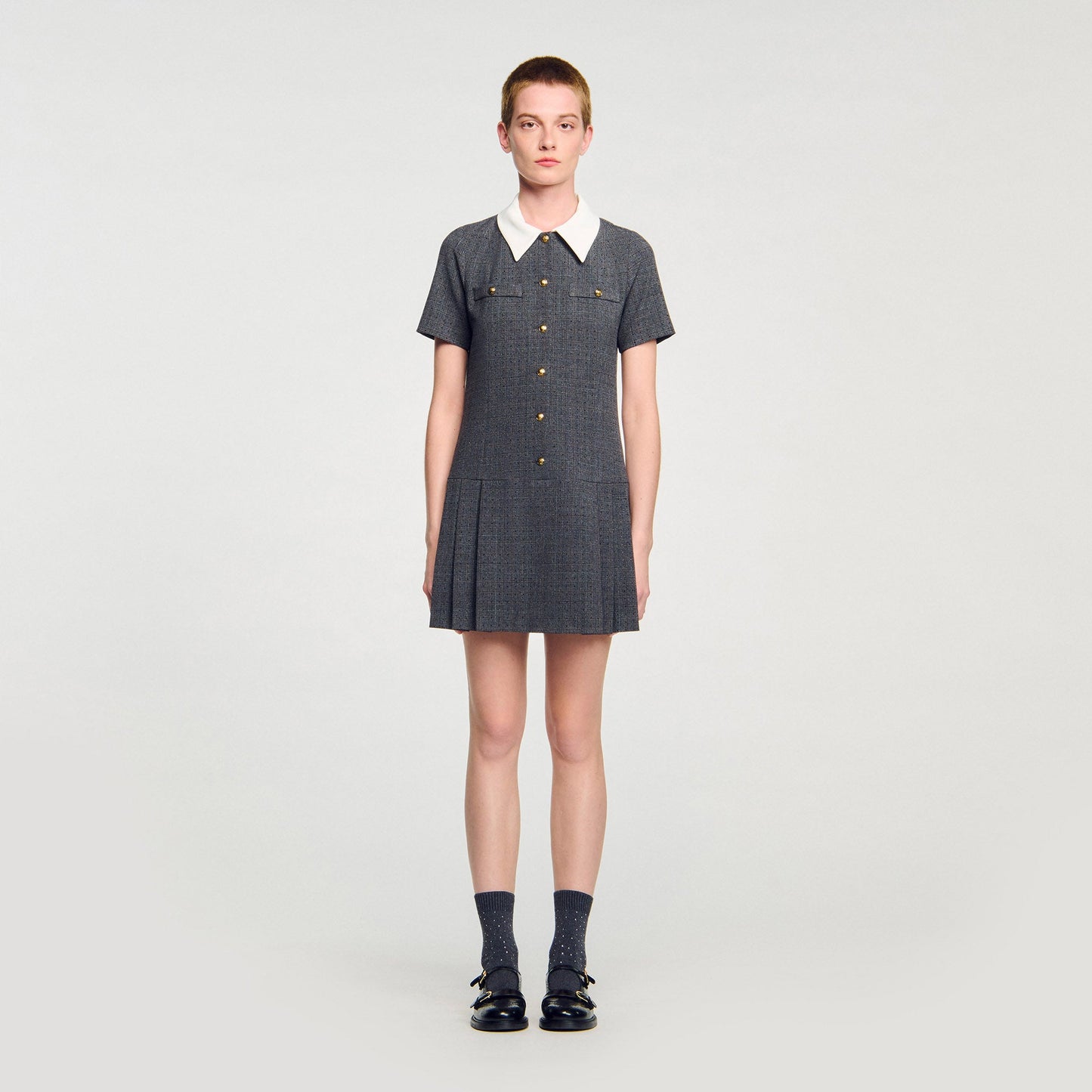Lenora Short Pleated Dress With Rhinestones Grey / Brown
