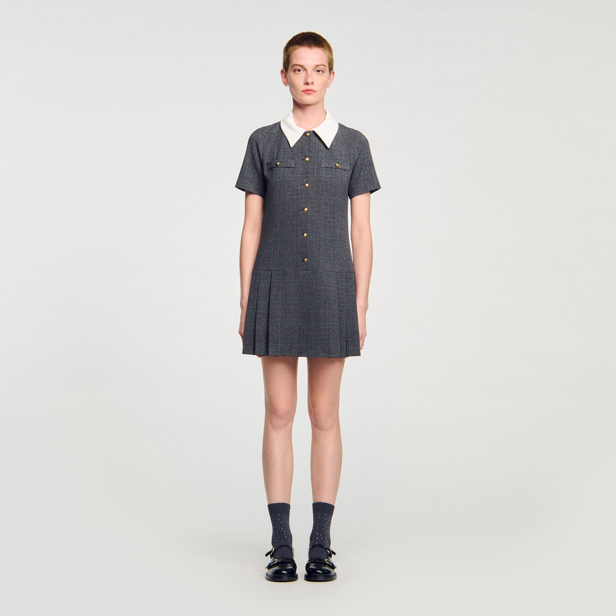 Lenora Short Pleated Dress With Rhinestones Grey / Brown