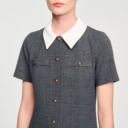 Lenora Short Pleated Dress With Rhinestones Grey / Brown