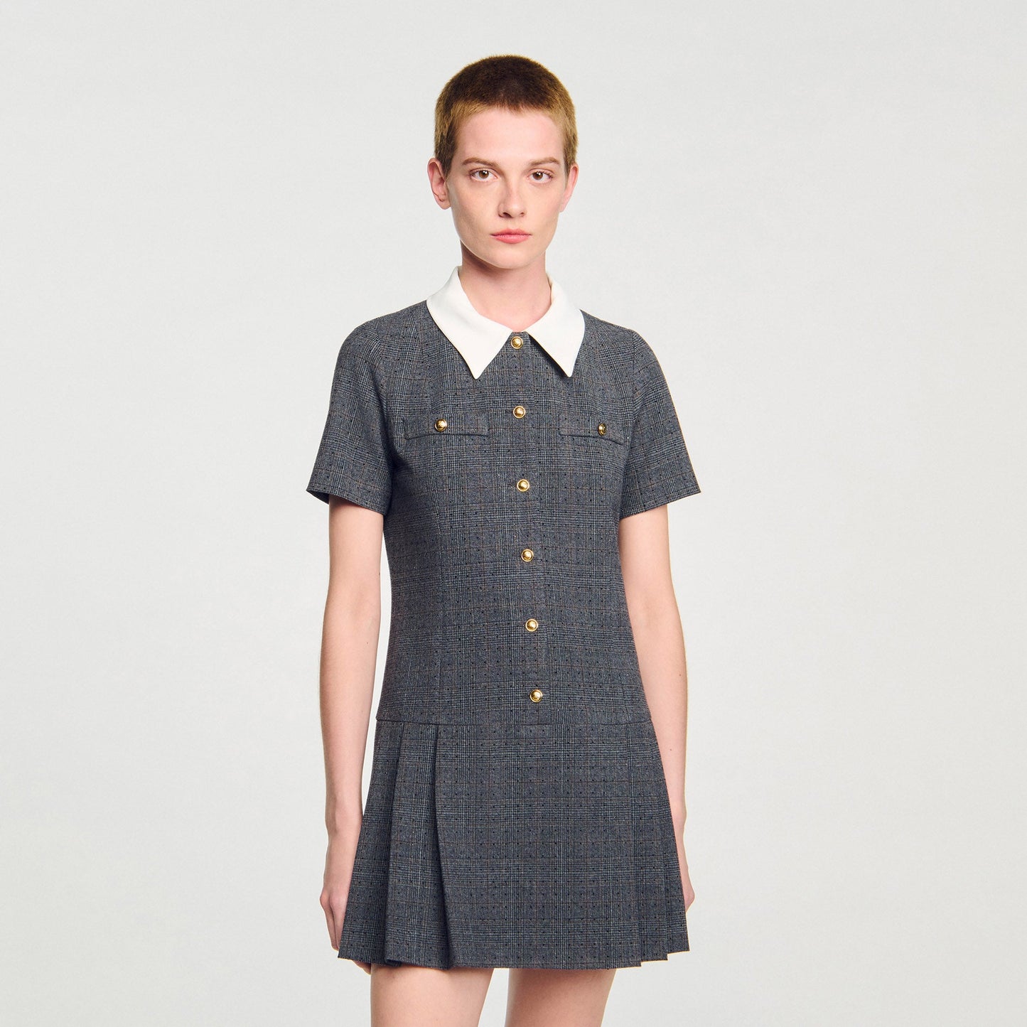 Lenora Short Pleated Dress With Rhinestones Grey / Brown