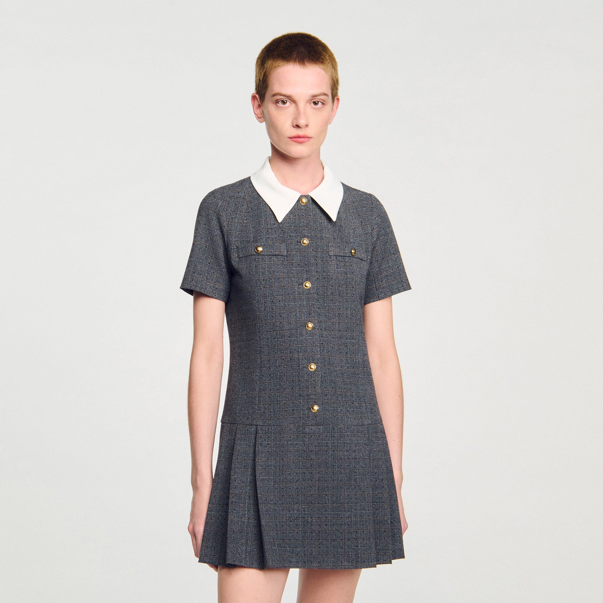 Lenora Short Pleated Dress With Rhinestones Grey / Brown