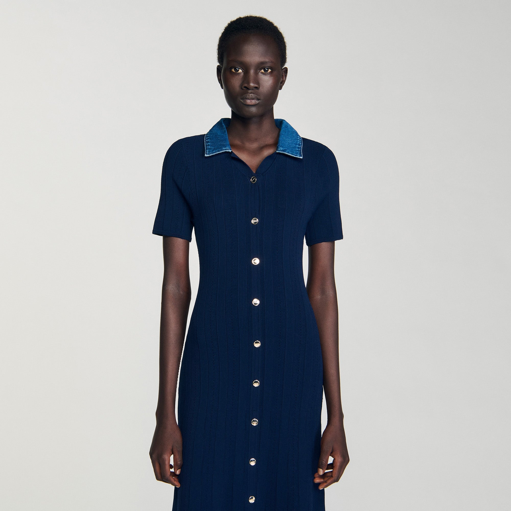 Julietta Denim Collar Knit Maxi Dress Navy Blue Julietta Denim Collar Knit Maxi Dress Navy Blue
