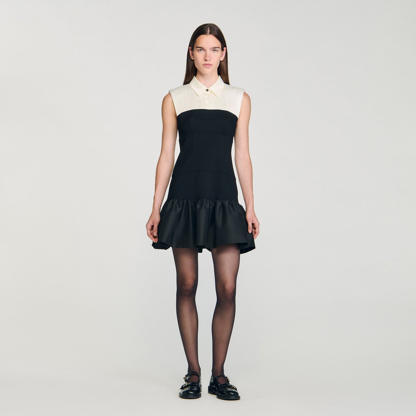 Noelia Short Two-Tone Ruffled Dress Ecru / Black