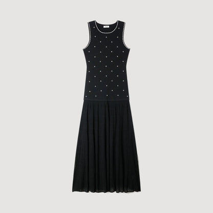 Theodora Rhinestone Flower Print Maxi Dress Black