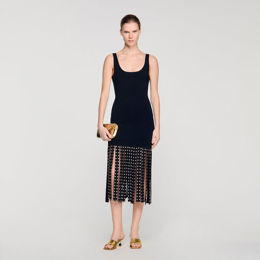 Amelia Fringed Knit Maxi Dress Black