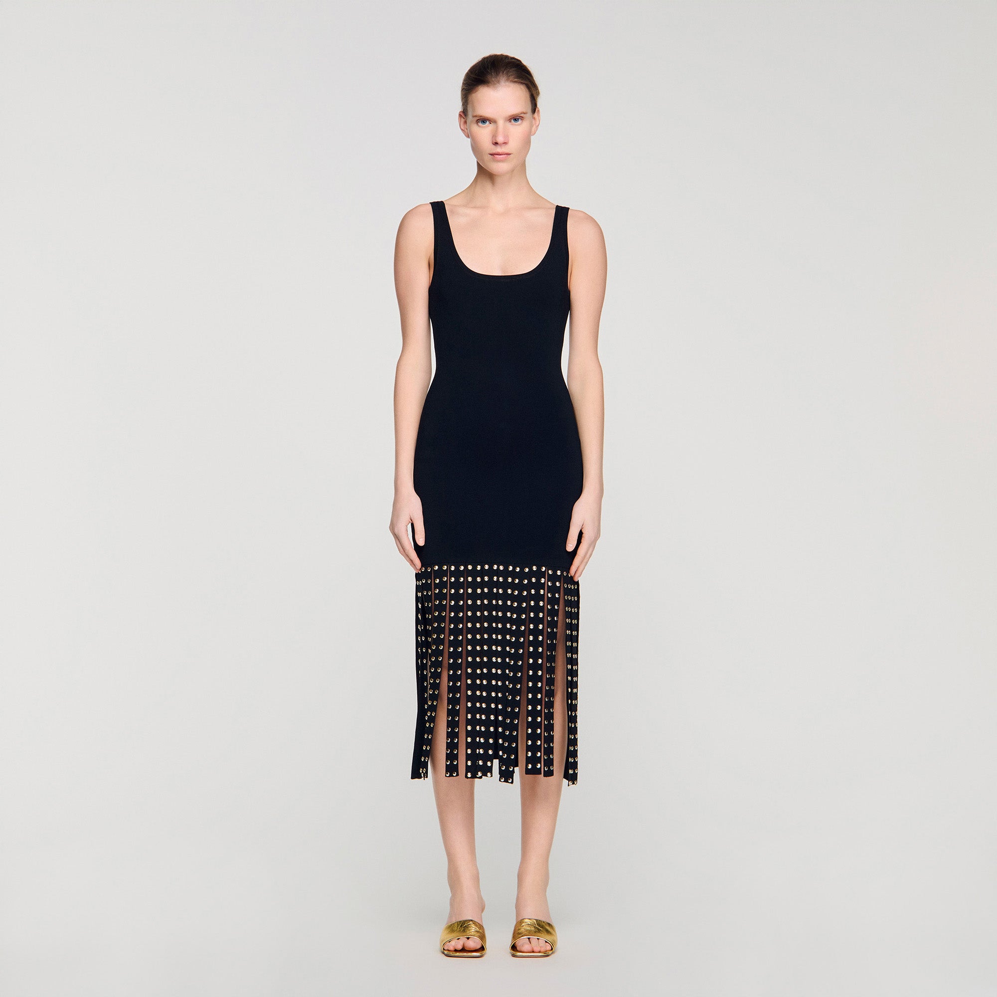 Amelia Fringed Knit Maxi Dress Black