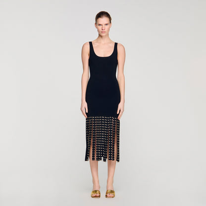 Amelia Fringed Knit Maxi Dress Black