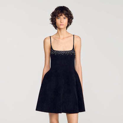 Cosma Short Rhinestone Velvet Dress Black