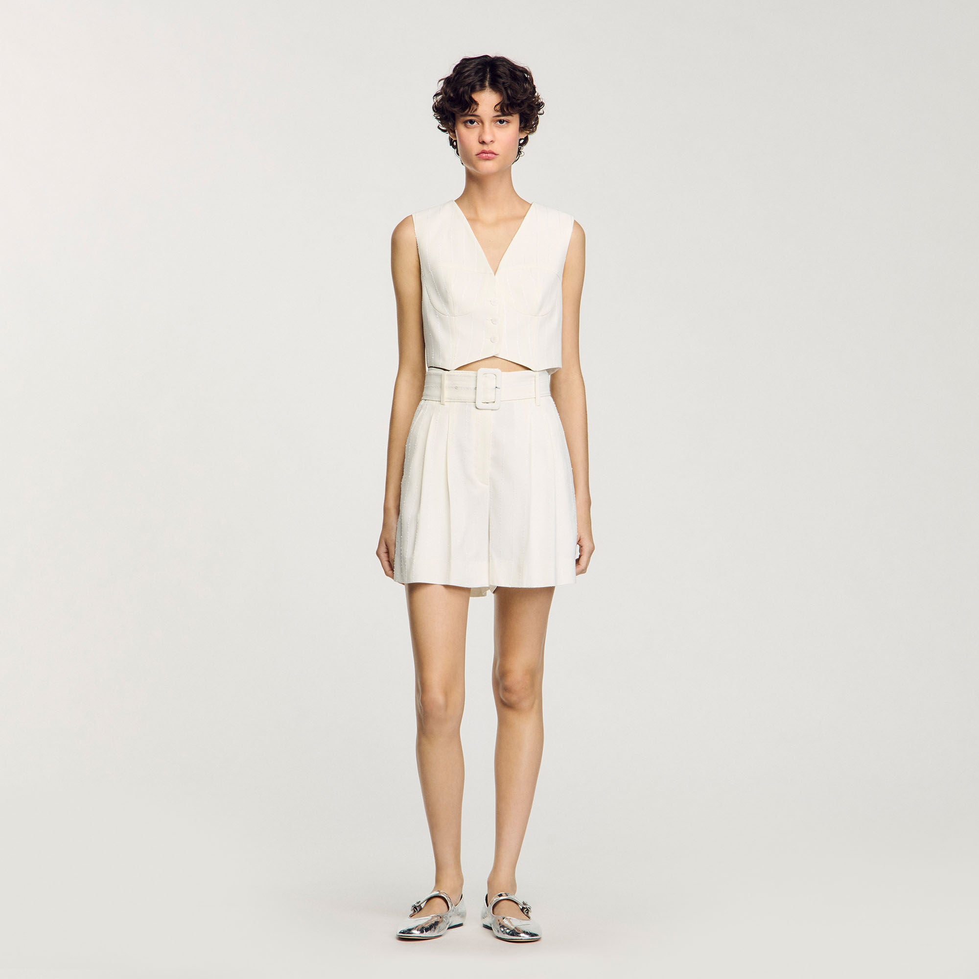 Sequin High-Waisted Shorts Ecru
