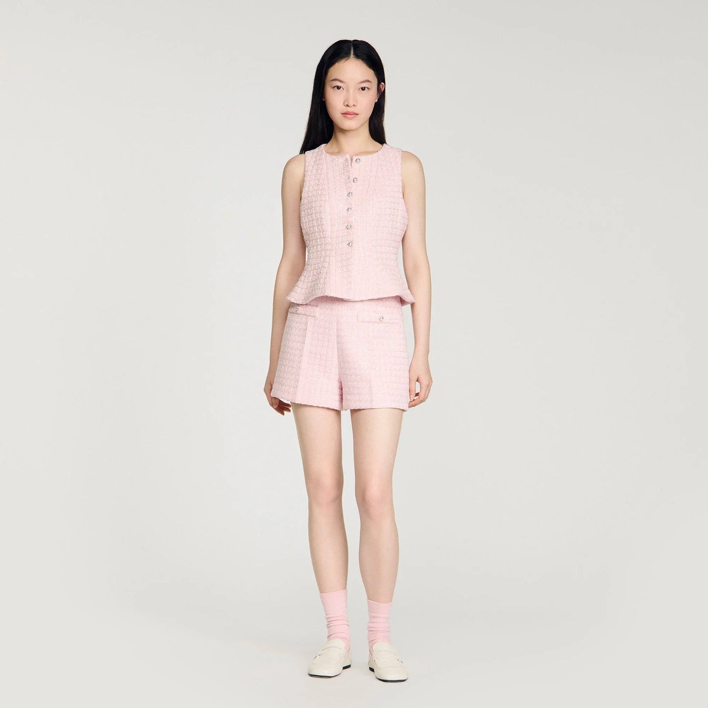 Demilys Sequin Check Tweed Shorts Pink