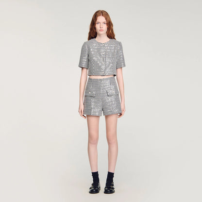 Florent Sequin Houndstooth Tweed Shorts Black / White