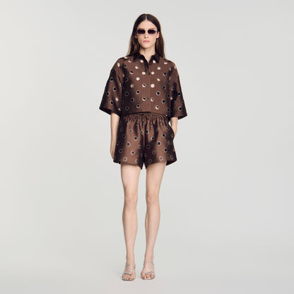 Saturne Distressed Rhinestone Shorts Brown