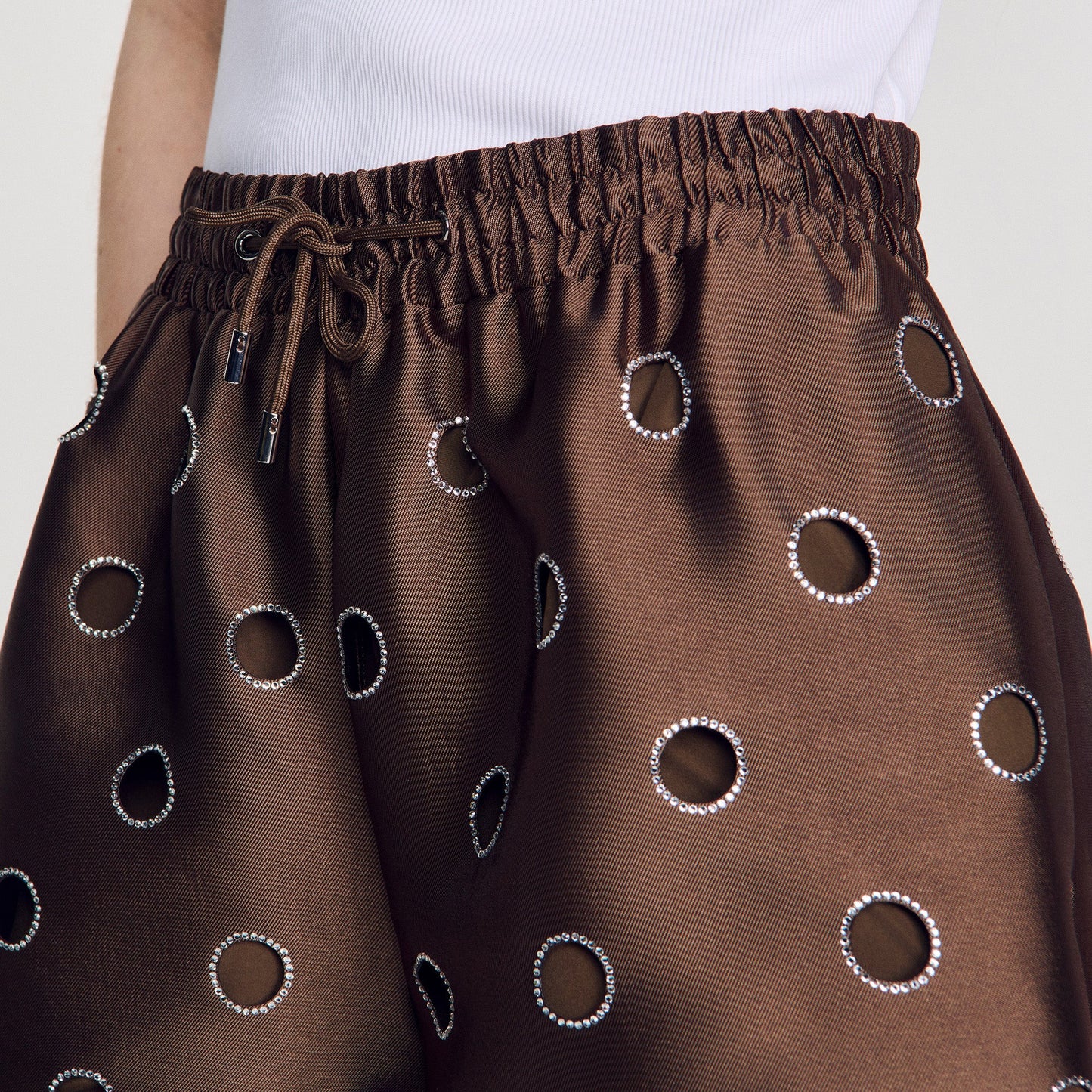 Saturne Distressed Rhinestone Shorts Brown