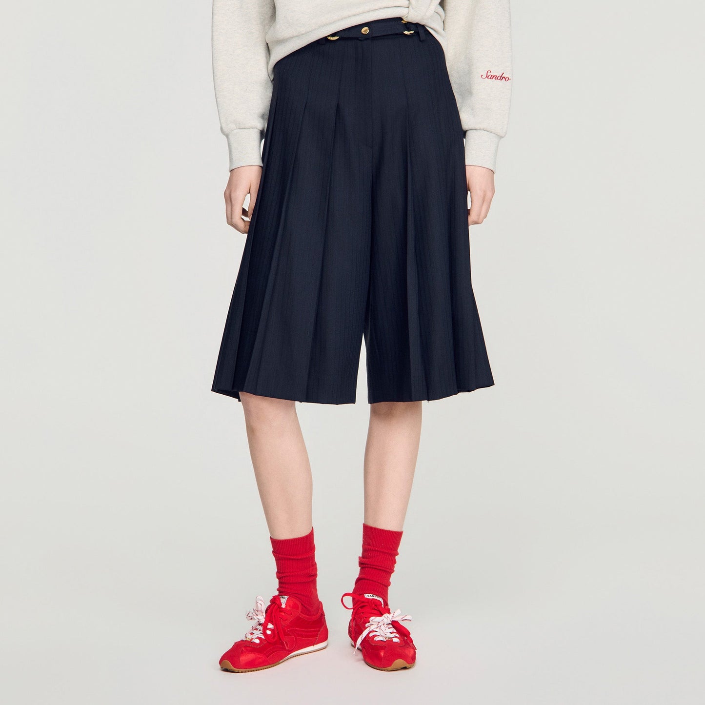 Mateus Long Pleated Wool Shorts Navy Blue
