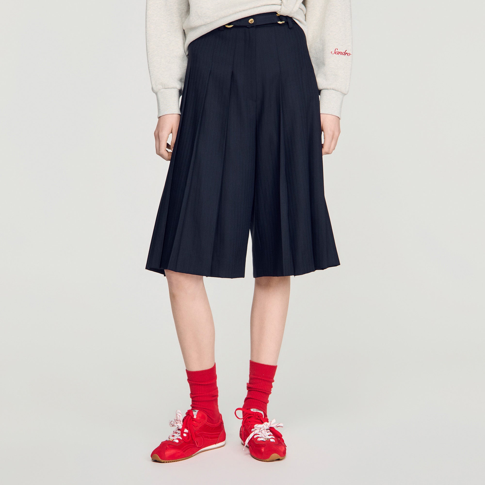 Mateus Long Pleated Wool Shorts Navy Blue
