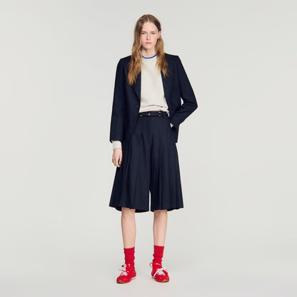 Mateus Long Pleated Wool Shorts Navy Blue