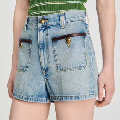 Solveig Denim shorts with leather detail Blue Jean