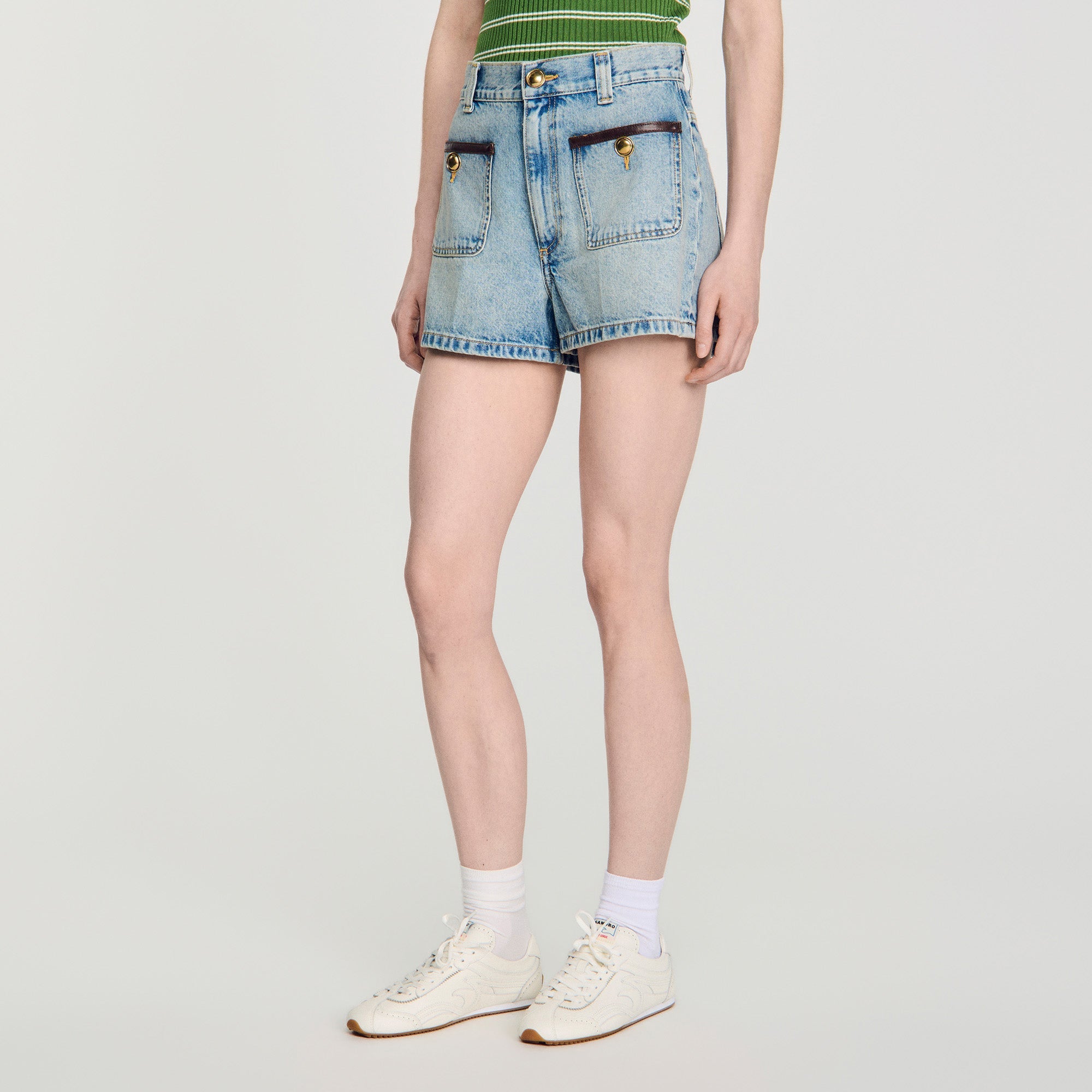Solveig Denim shorts with leather detail Blue Jean