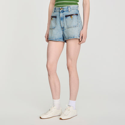 Solveig Denim shorts with leather detail Blue Jean