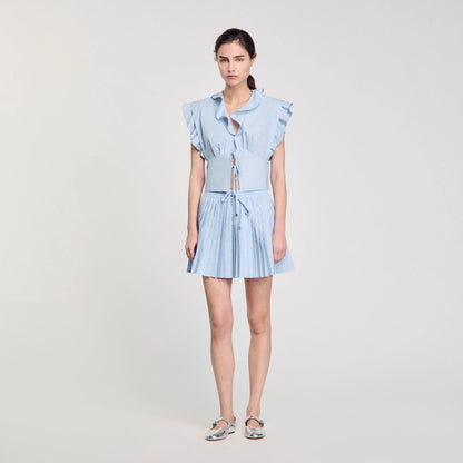 Azur Rhinestone Ruffle Top Sky Blue