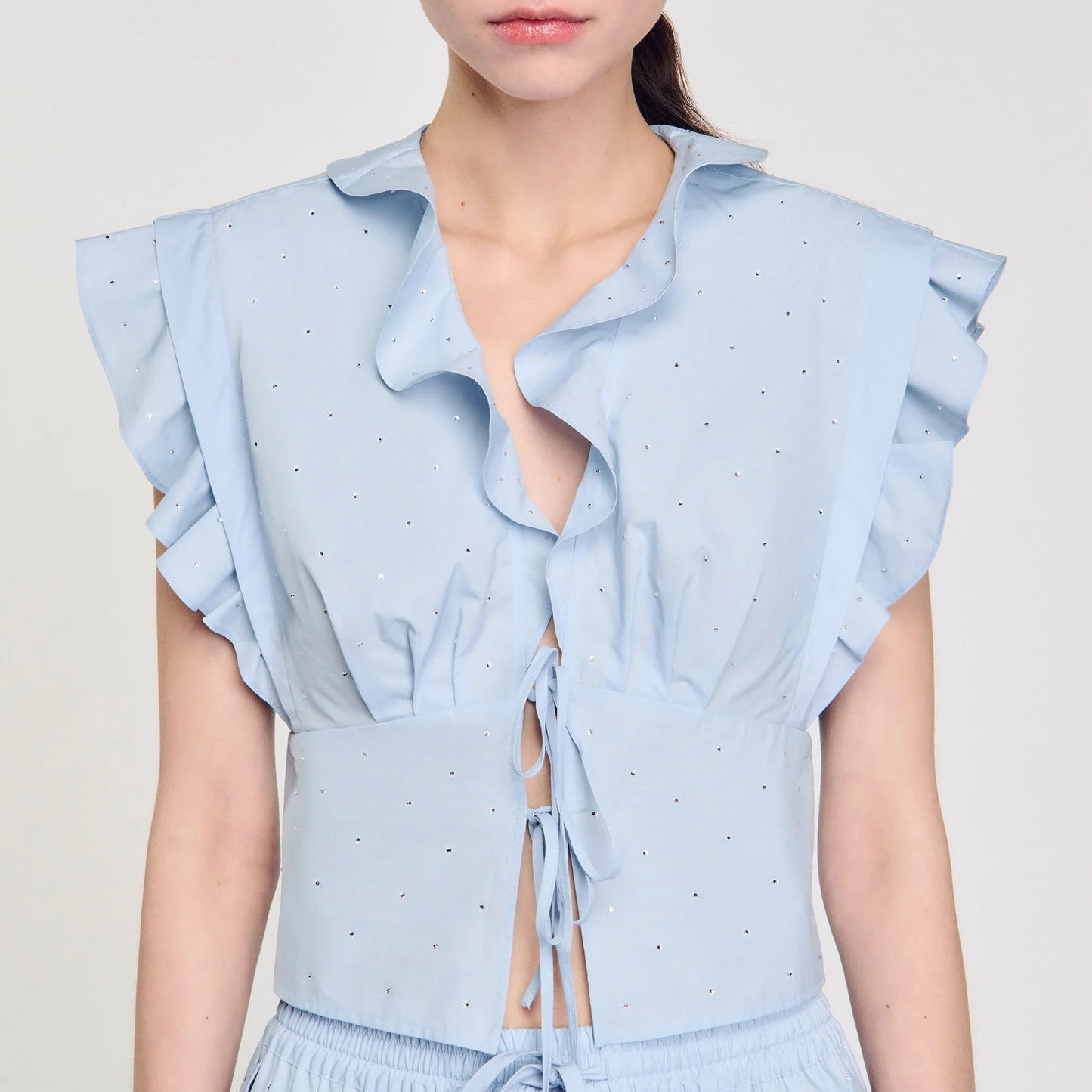 Azur Rhinestone Ruffle Top Sky Blue