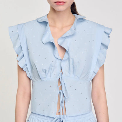 Azur Rhinestone Ruffle Top Sky Blue