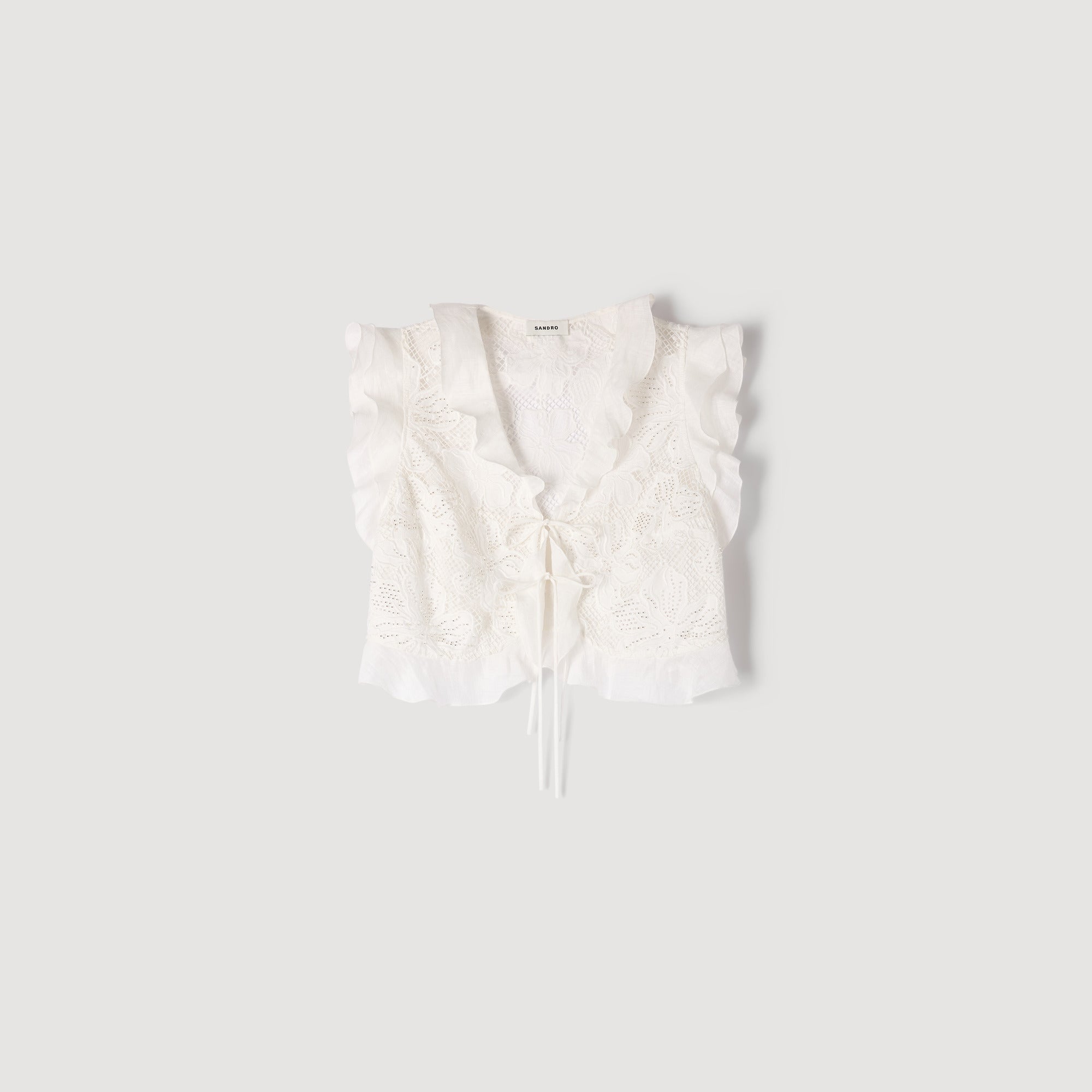 SANDRO 　フリルトップス Nayana Guipure Lace Crop Top White
