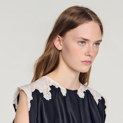 Poesie Contrast Lace Crop Top Black / Ecru