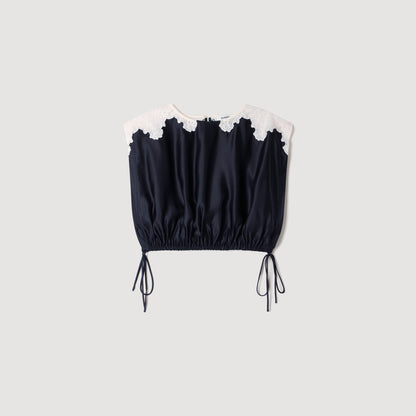 Poesie Contrast Lace Crop Top Black / Ecru