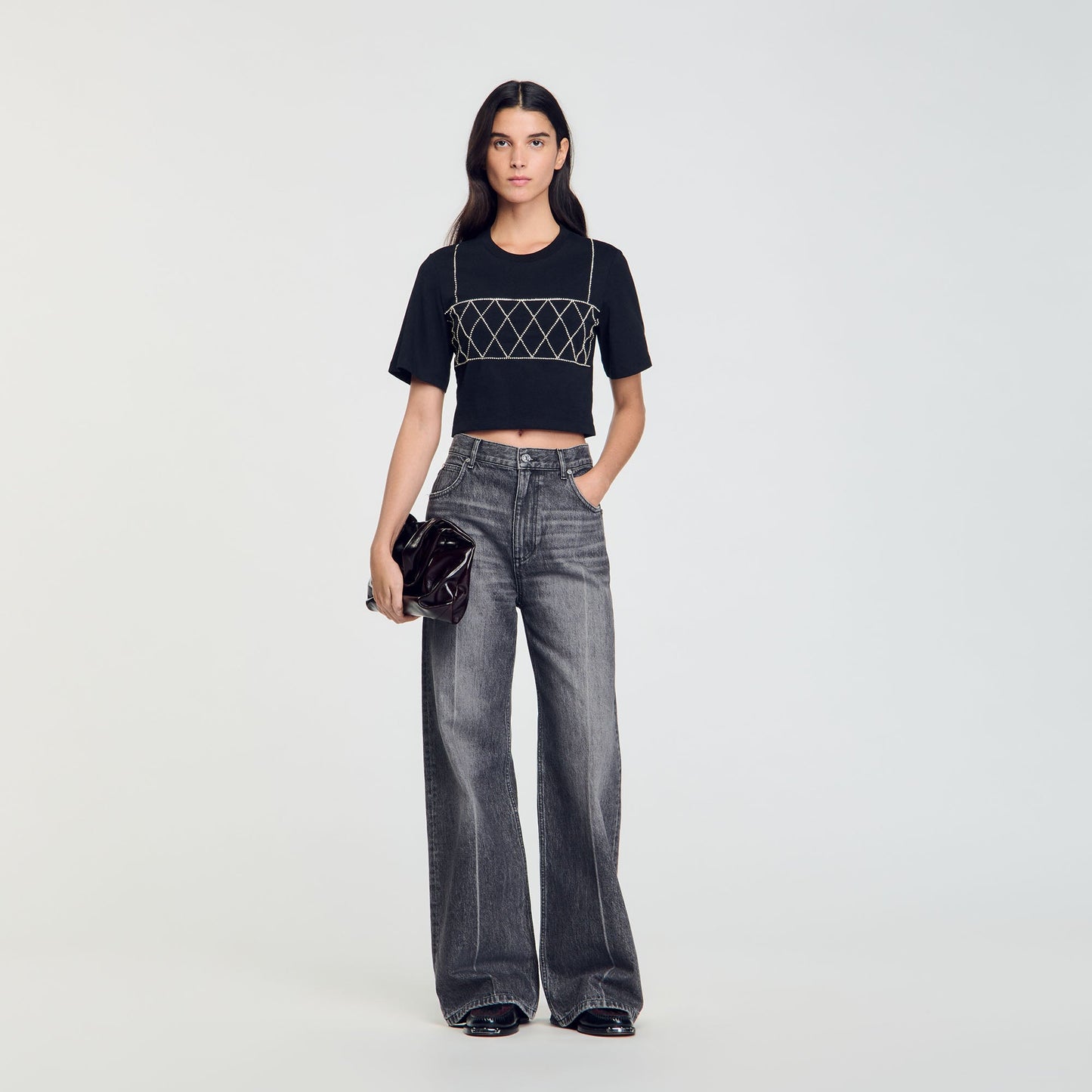 Rhinestone Cropped T-Shirt Black