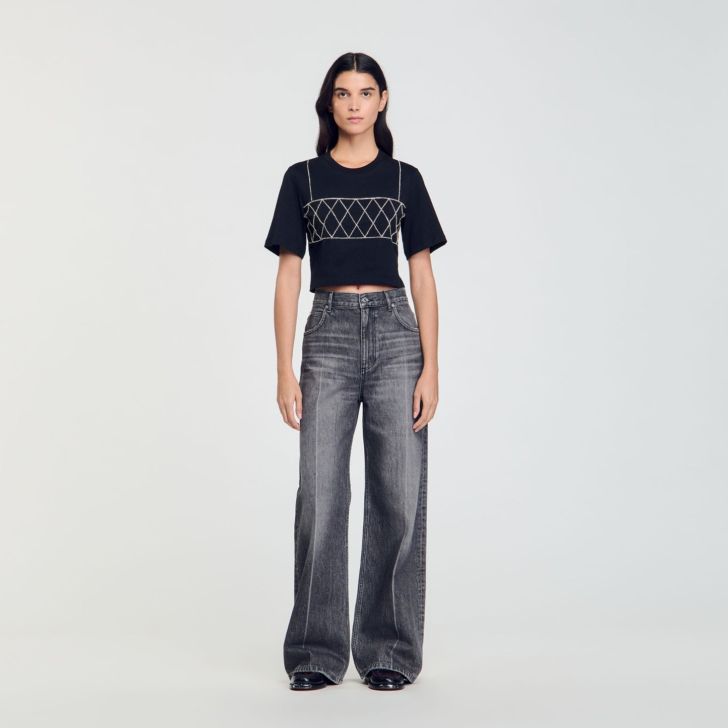 Rhinestone Cropped T-Shirt Black