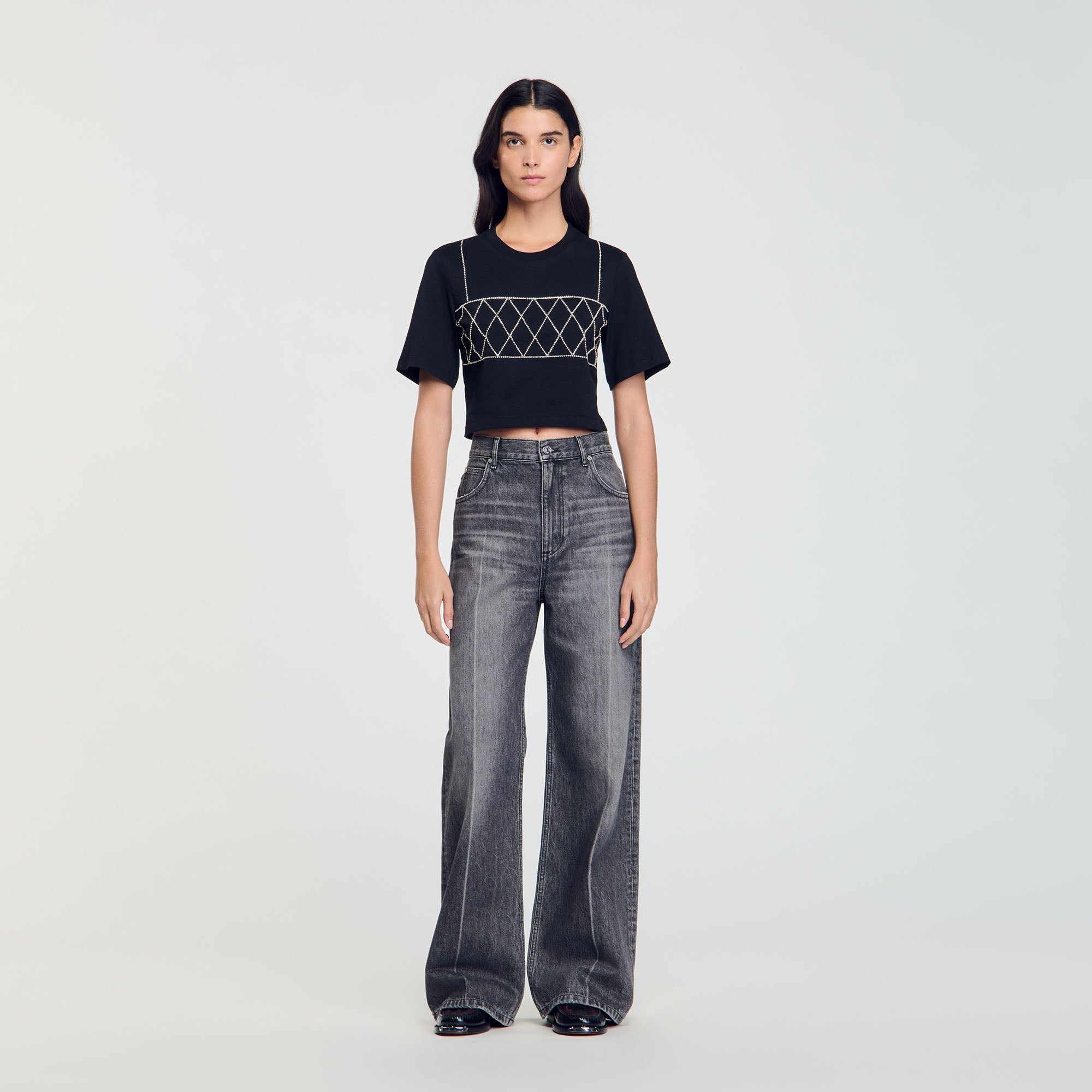 Rhinestone Cropped T-Shirt Black