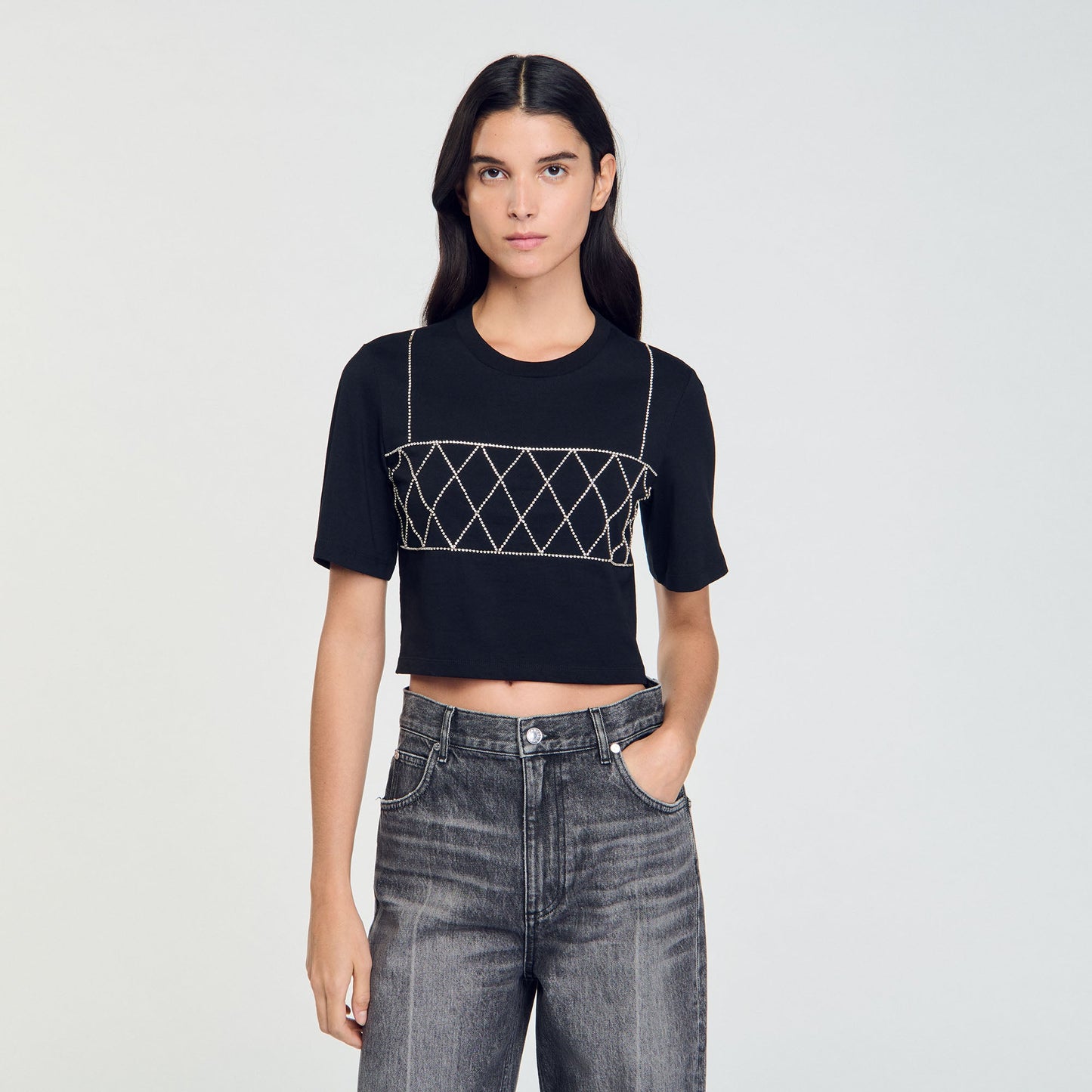 Rhinestone Cropped T-Shirt Black