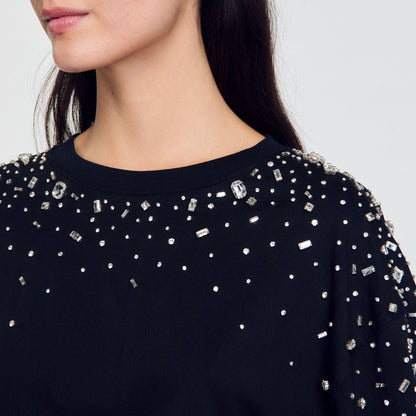 Rhinestone Tie-Front T-Shirt Black