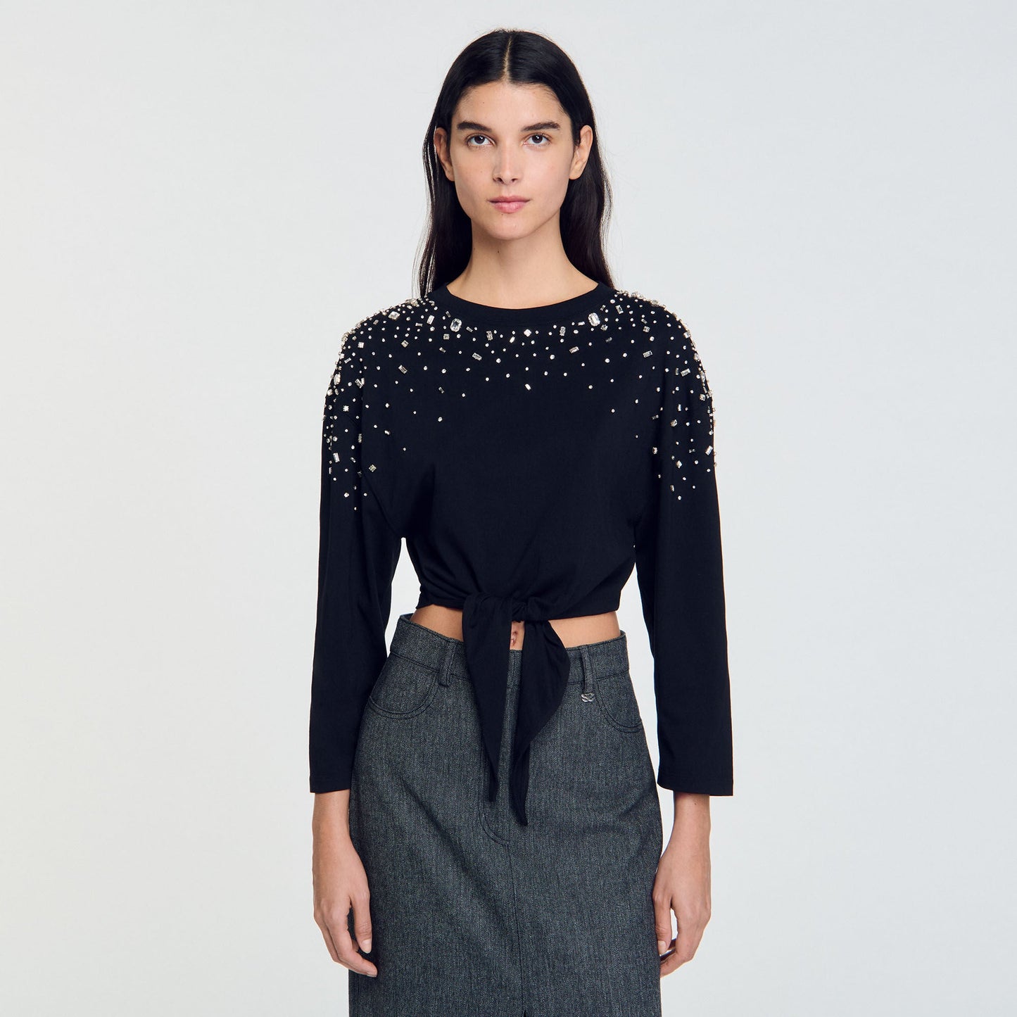 Rhinestone Tie-Front T-Shirt Black