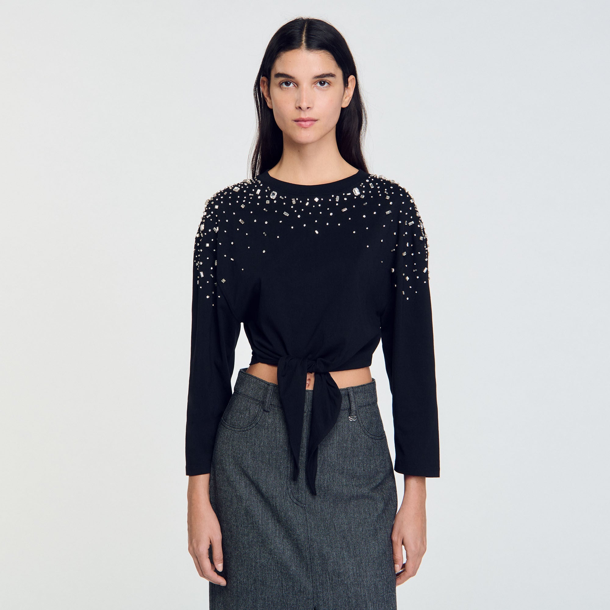 Rhinestone Tie-Front T-Shirt Black