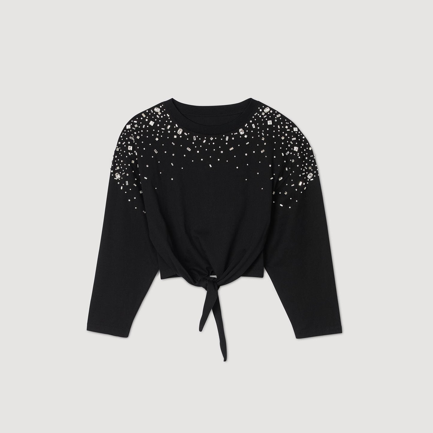 Rhinestone Tie-Front T-Shirt Black